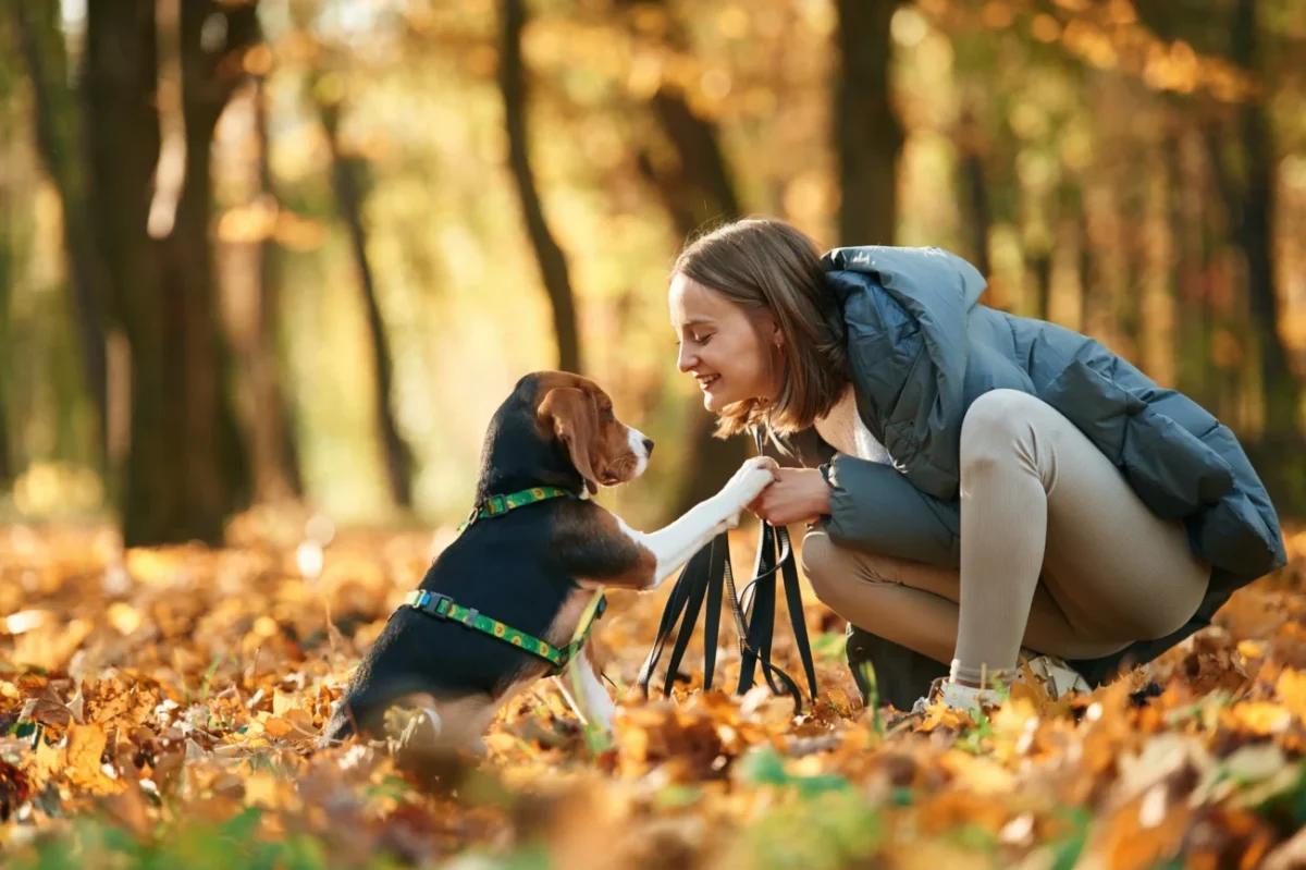 Žena na podzim venku se psem.