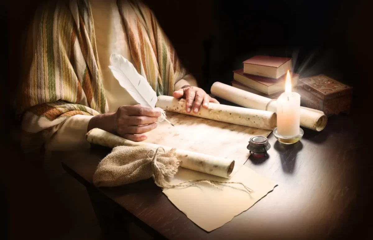 žena píše brkem na pergamen