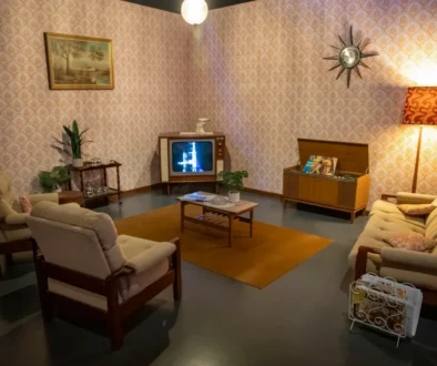 retro obývák se zapnutou televizí