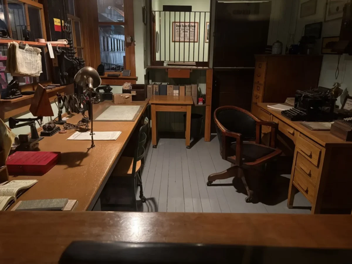 retro kancelář s dřevěným nábytkem