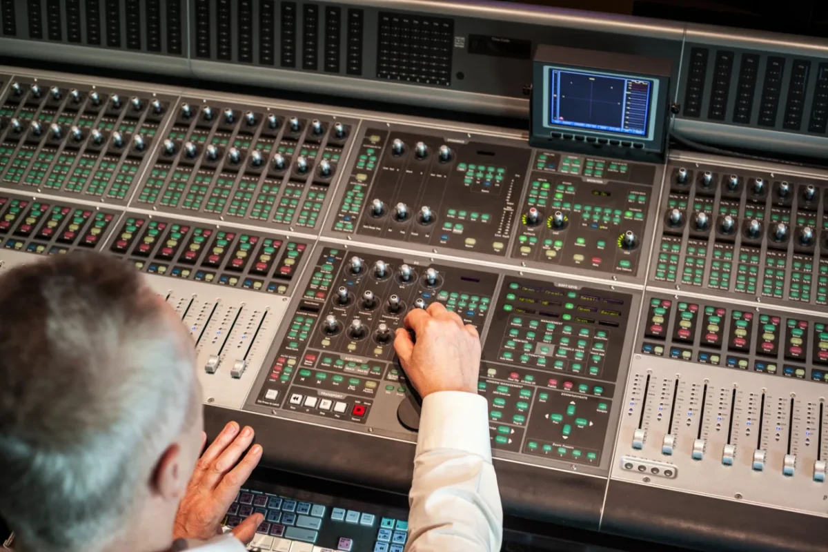 muž vysílá v televizní stanici v zákulisí