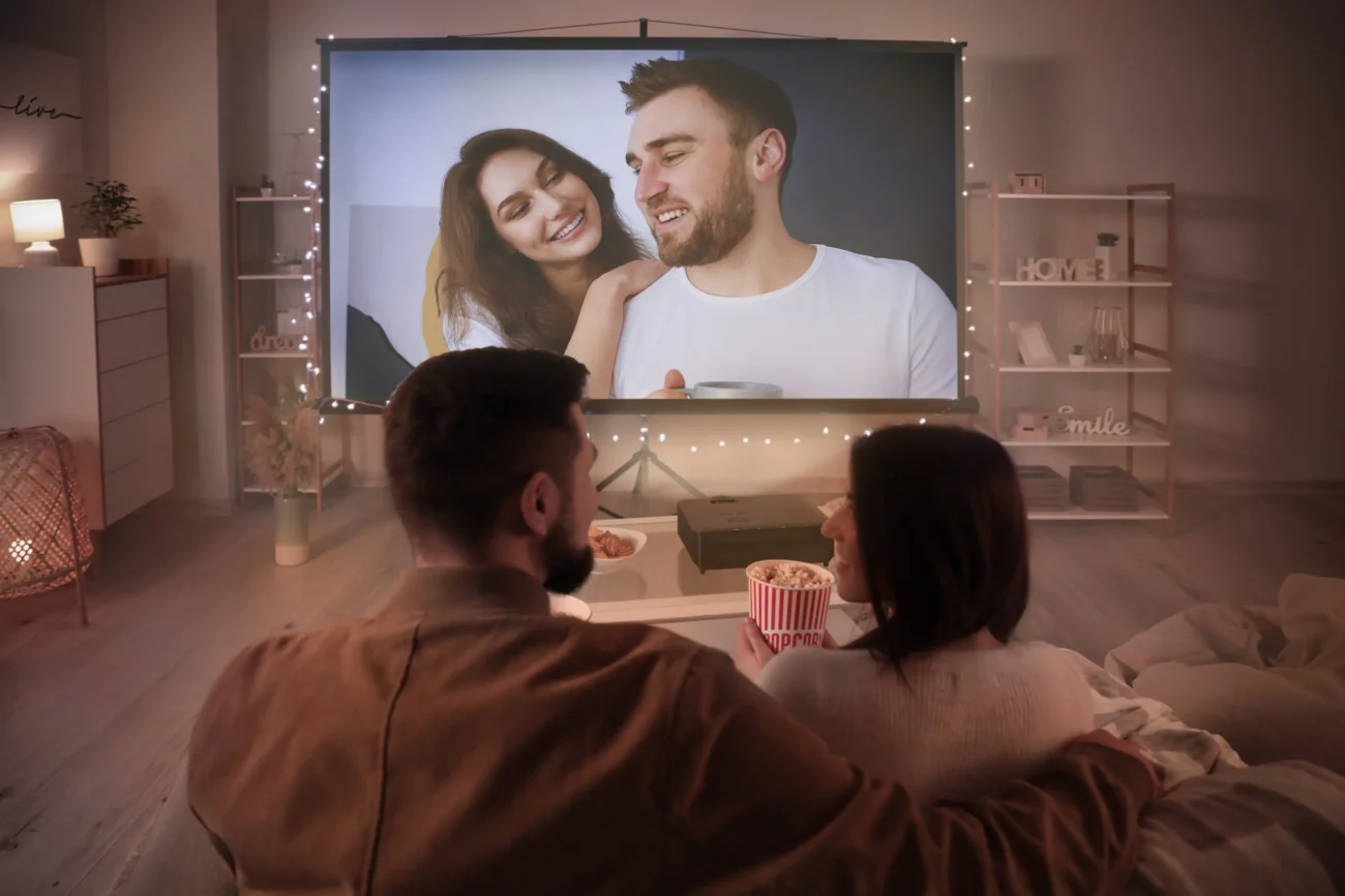 Mladý pár sedí doma u filmu. 