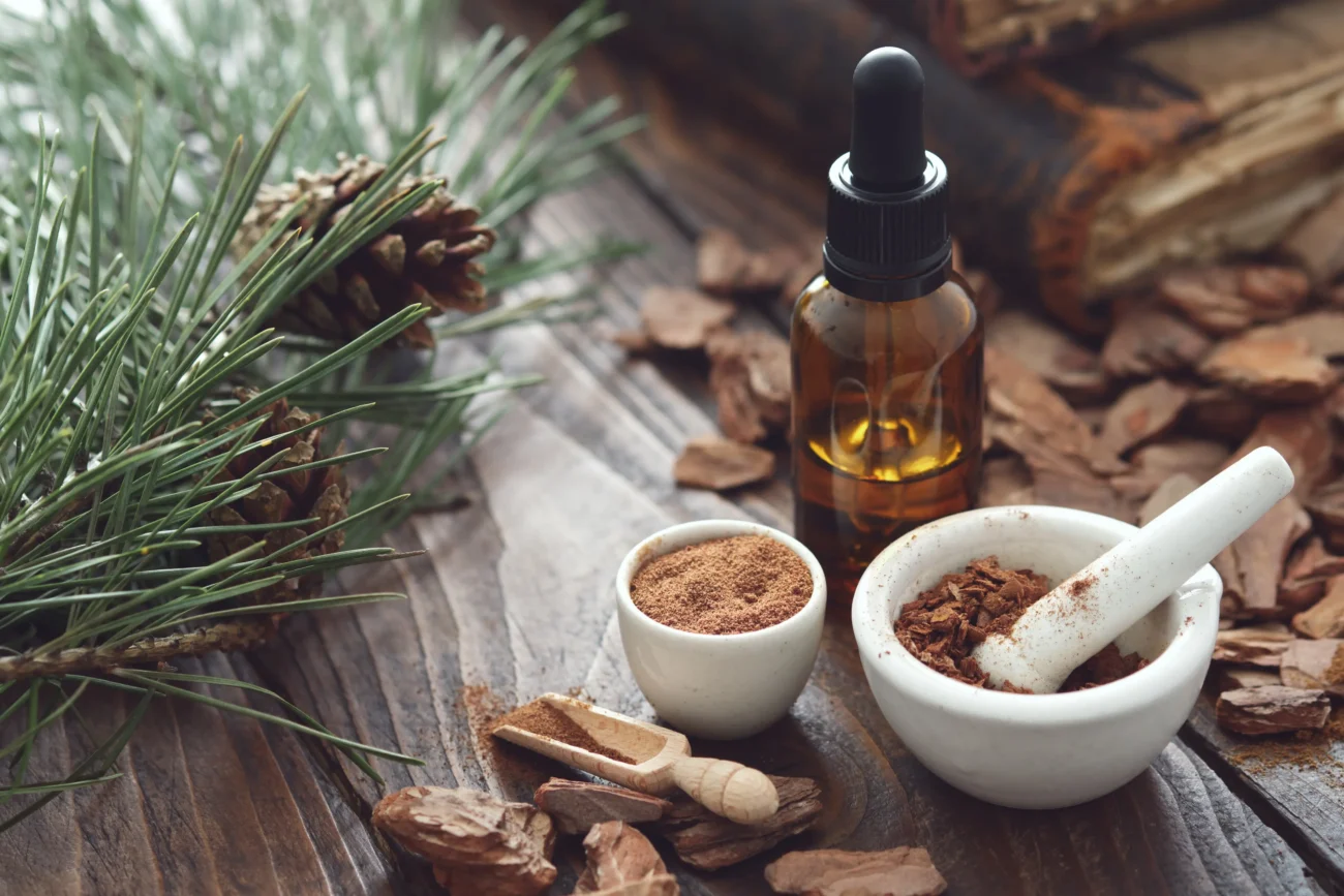 shutterstock_1916639993-2 | TVGURU.cz Na stole leží větvička, olejíčky a další věci.