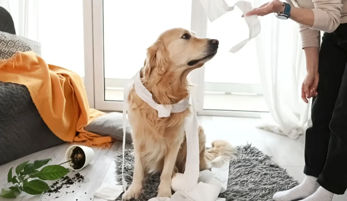 pes který udělal nepořádek, majitel ho kárá