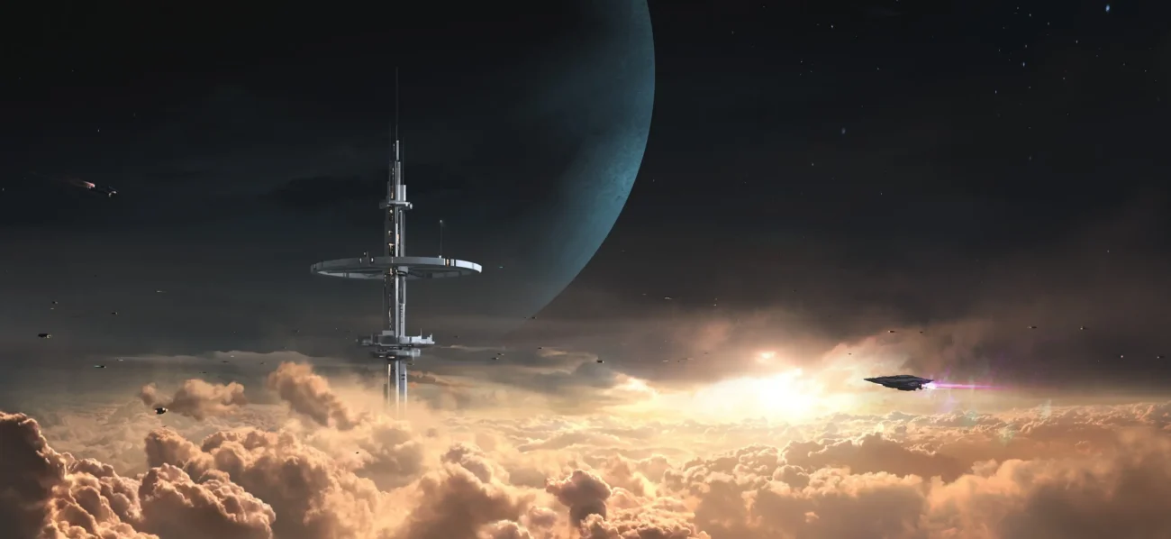 Záběr na mimozemskou planetu s městem. 