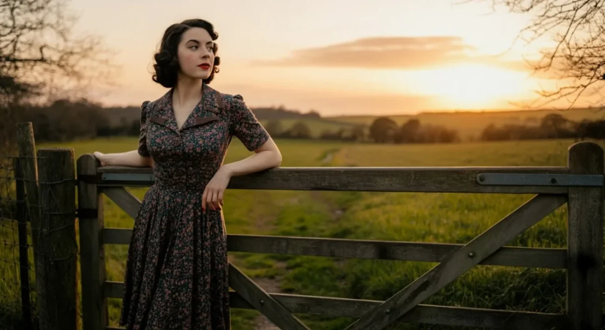 Žena v retro šatech stojí u oplocené louky při západu slunce.