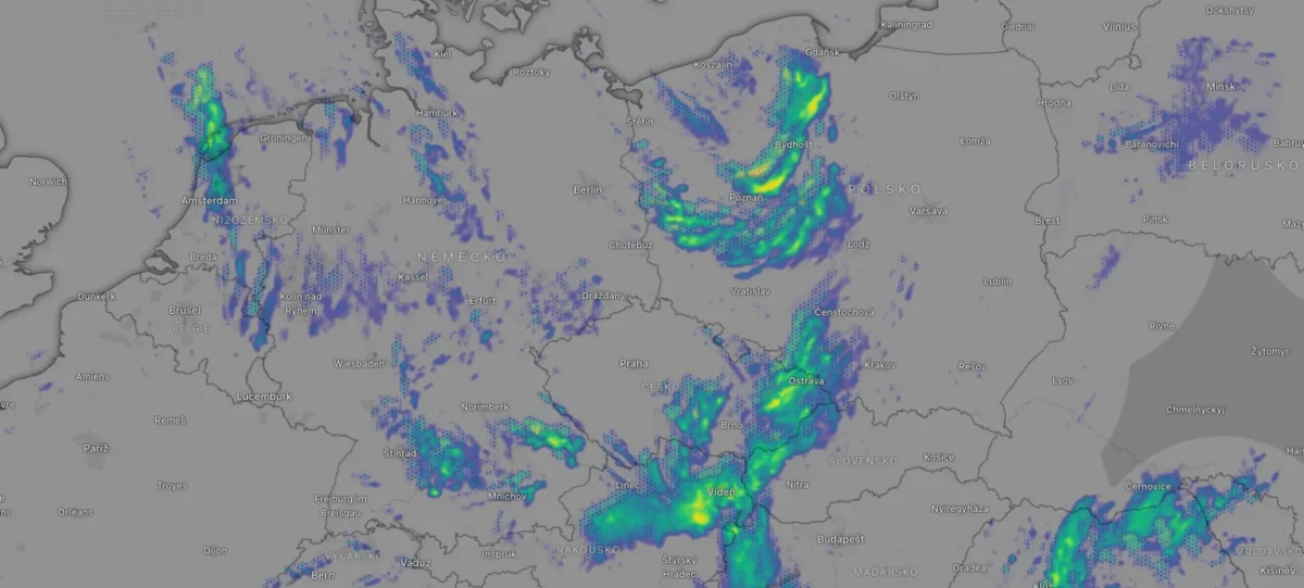 aktuální meteo radar - proudění vzduchu nad Českou republikou dnes
