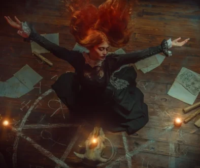 Žena sedí na zemi a věnuje se magii.