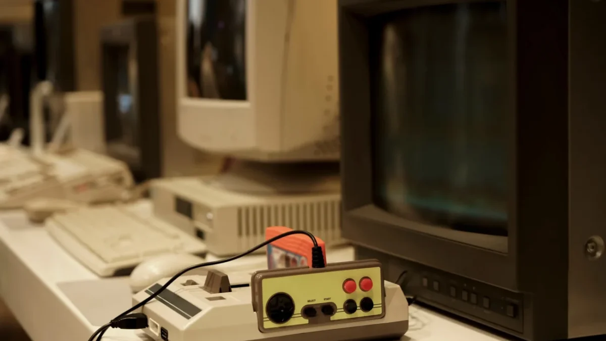 Před starou televizí leží retro herní konzole.