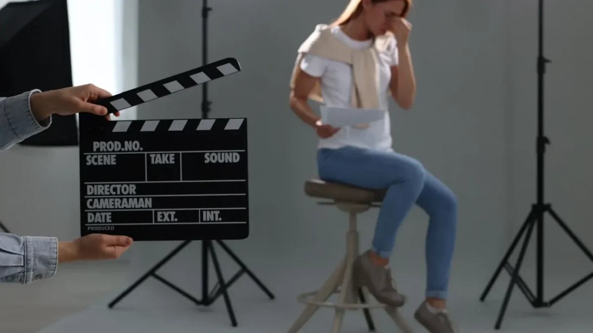 žena na castingu, před ní klapka