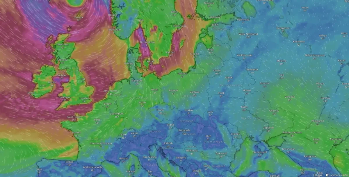 aktuální foto z radaru ukazuje, jak bude probíhat výměna vzduchu a proudění nad střední Evropou