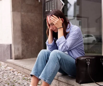 Mladá žena sedí před domem.