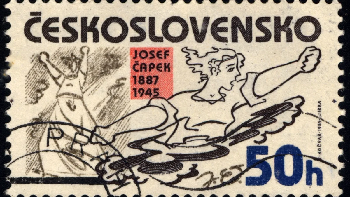 retro známka o hodnotě "50h" s výtvarnou prací Josefa Čapka