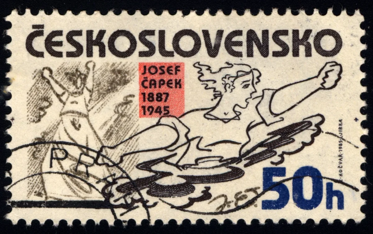 retro známka o hodnotě "50h" s výtvarnou prací Josefa Čapka