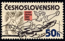 retro známka o hodnotě "50h" s výtvarnou prací Josefa Čapka