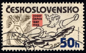 retro známka o hodnotě "50h" s výtvarnou prací Josefa Čapka