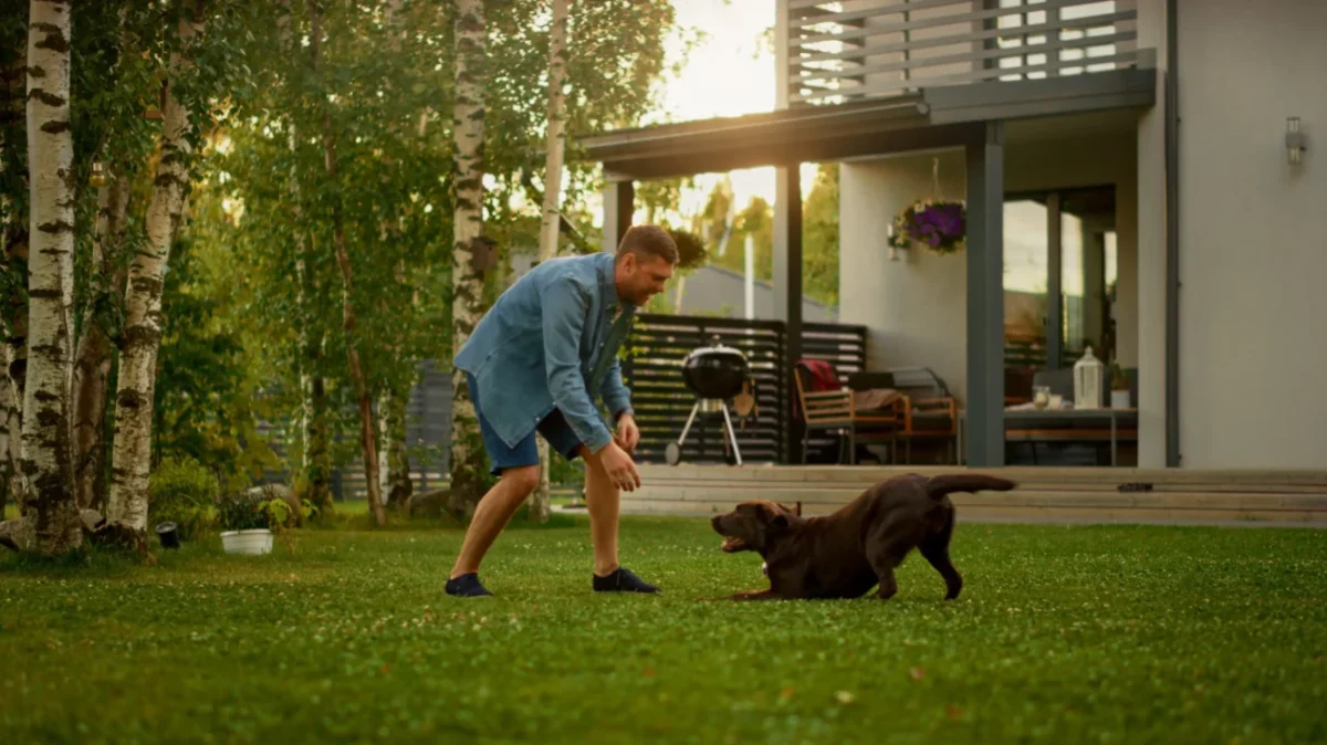 Muž si hraje s hnědým psem na zahradě.