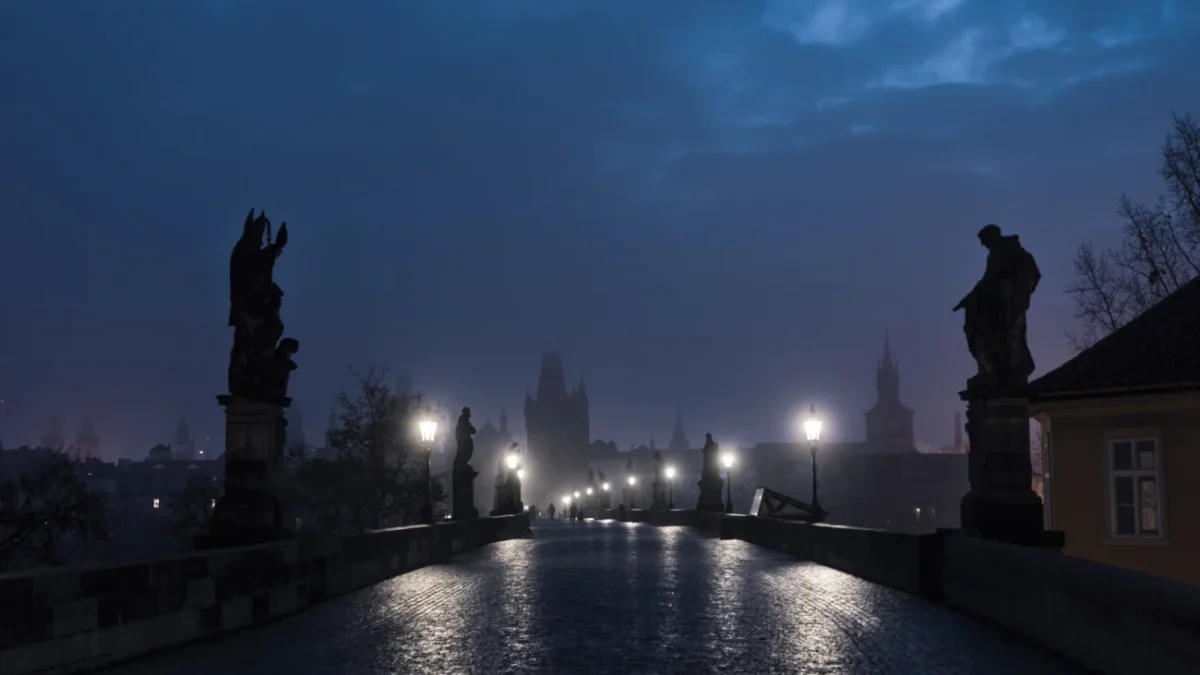 Pražský Karlův most v mlžné tmavé noci; lucerny svítí, tajemná až strašidelná atmosféra