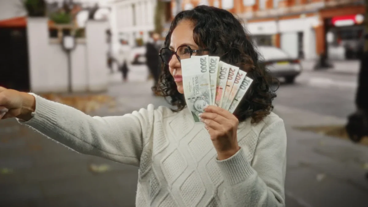 Žena si před obličejem drží peníze.