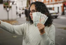 Žena si před obličejem drží peníze.