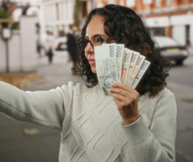 Žena si před obličejem drží peníze.