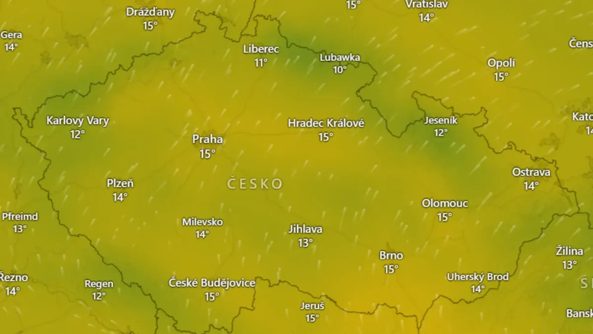 Na mapce vidíme zřetelné jižní až jihozápadní proudění ve středu 29.10.2025 a teplotu ve 14:00