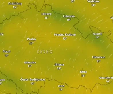 Na mapce vidíme zřetelné jižní až jihozápadní proudění ve středu 29.10.2025 a teplotu ve 14:00 Na mapce vidíme zřetelné jižní až jihozápadní proudění ve středu 29.10.2025 a teplotu ve 14:00