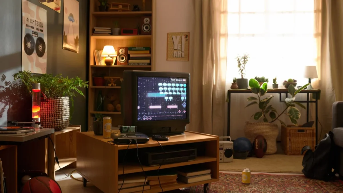 shutterstock_2486714499 1 Retro obývací pokoj s herní konzolí.