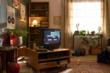 Retro obývací pokoj s herní konzolí.