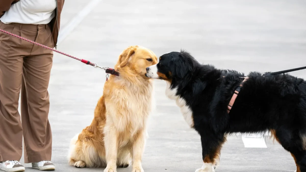 Pejsci se venku očichávají.
