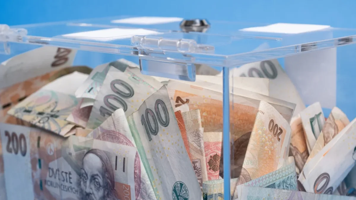 české peníze v krabičce průhledné