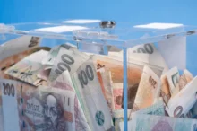české peníze v krabičce průhledné