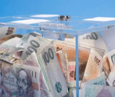 české peníze v krabičce průhledné