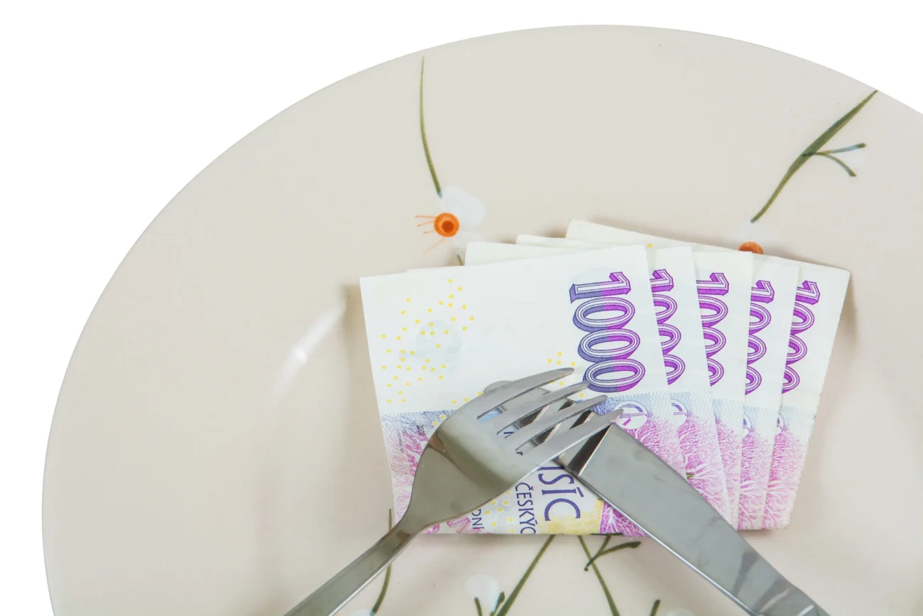 shutterstock_455180416-2 | TVGURU.cz Člověk na talíři krájí peníze.