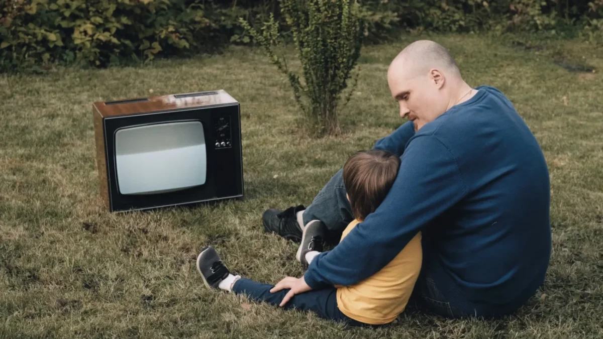 Muž s chlapcem sedí na zemi u televize.