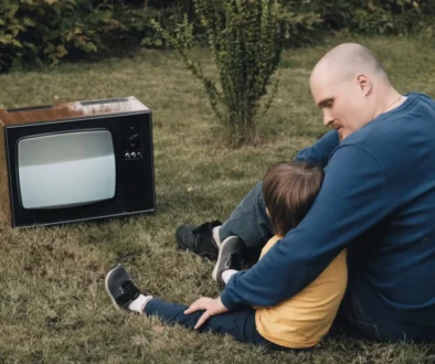 Muž s chlapcem sedí na zemi u televize.