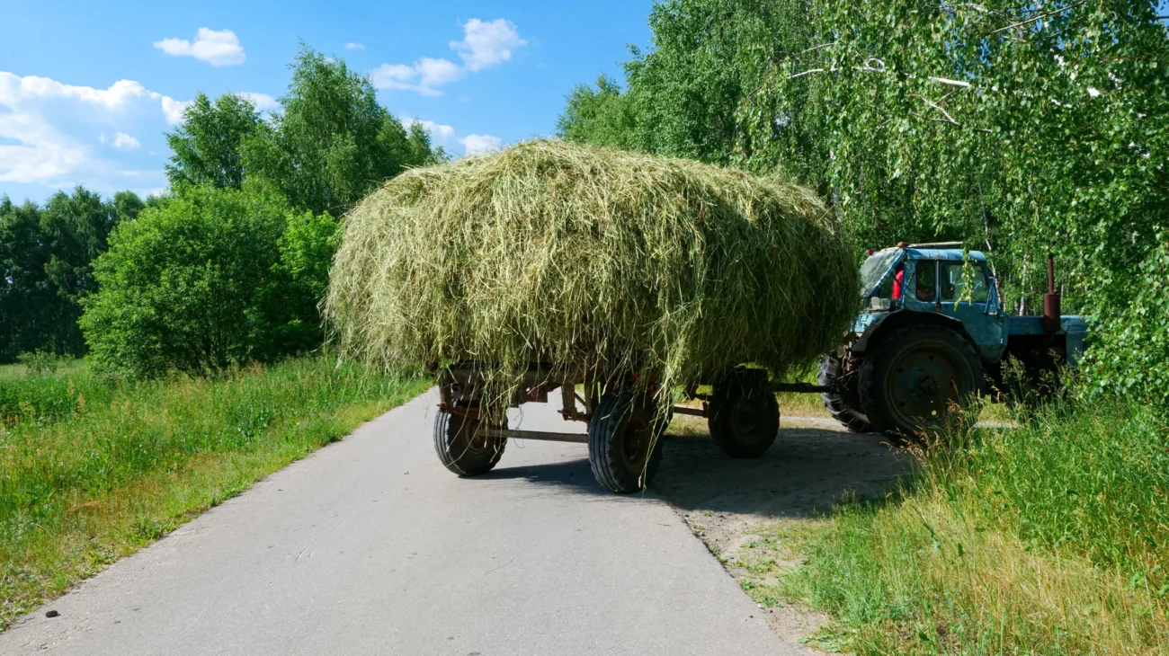 Po silnici jede naložený traktor. 