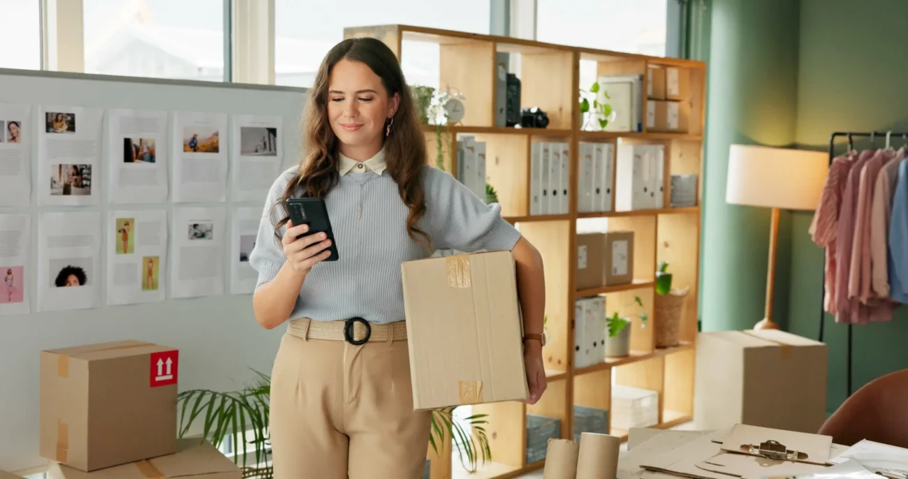 Žena drží pod paží krabici a dívá se na telefon. 