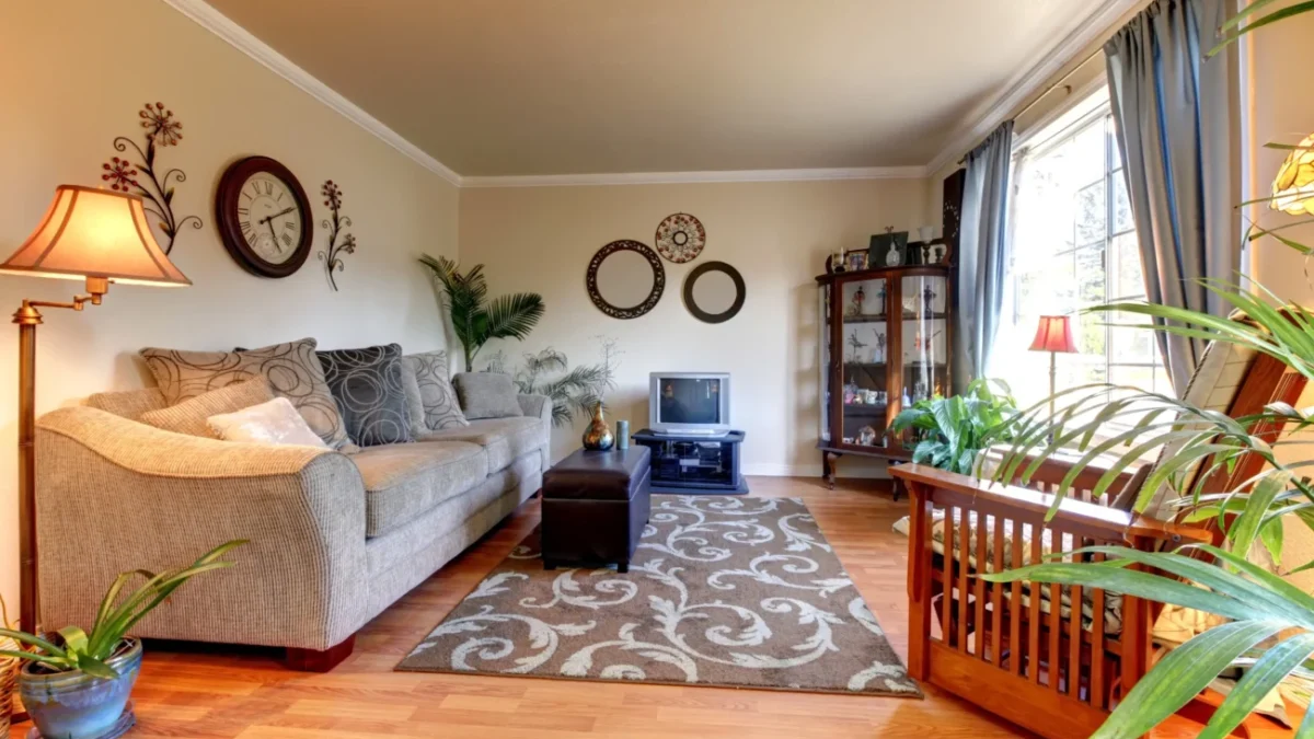 obývák vkusně zařízený v retro stylu