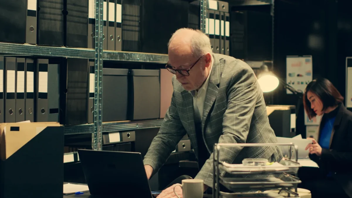 Detektiv se přehrabuje ve věcech.