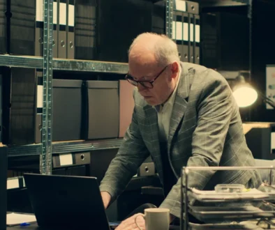 Detektiv se přehrabuje ve věcech.