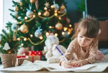 Malá holčička píše dopis Ježíškovi u vánočního stromečku.