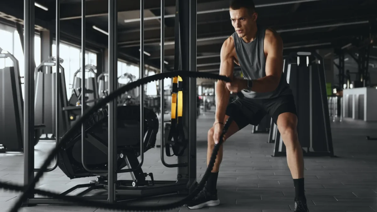 Muž cvičí s posilovacím lanem.