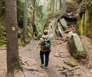 muž v lese hledá signál na telefonu