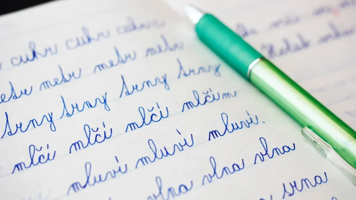 popsaný sešit s tužkou