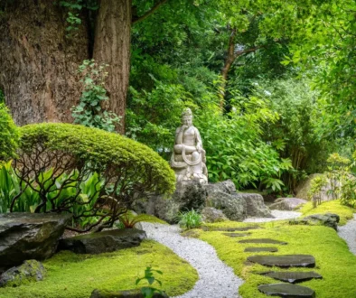 japonská zahrada se sochou budhy