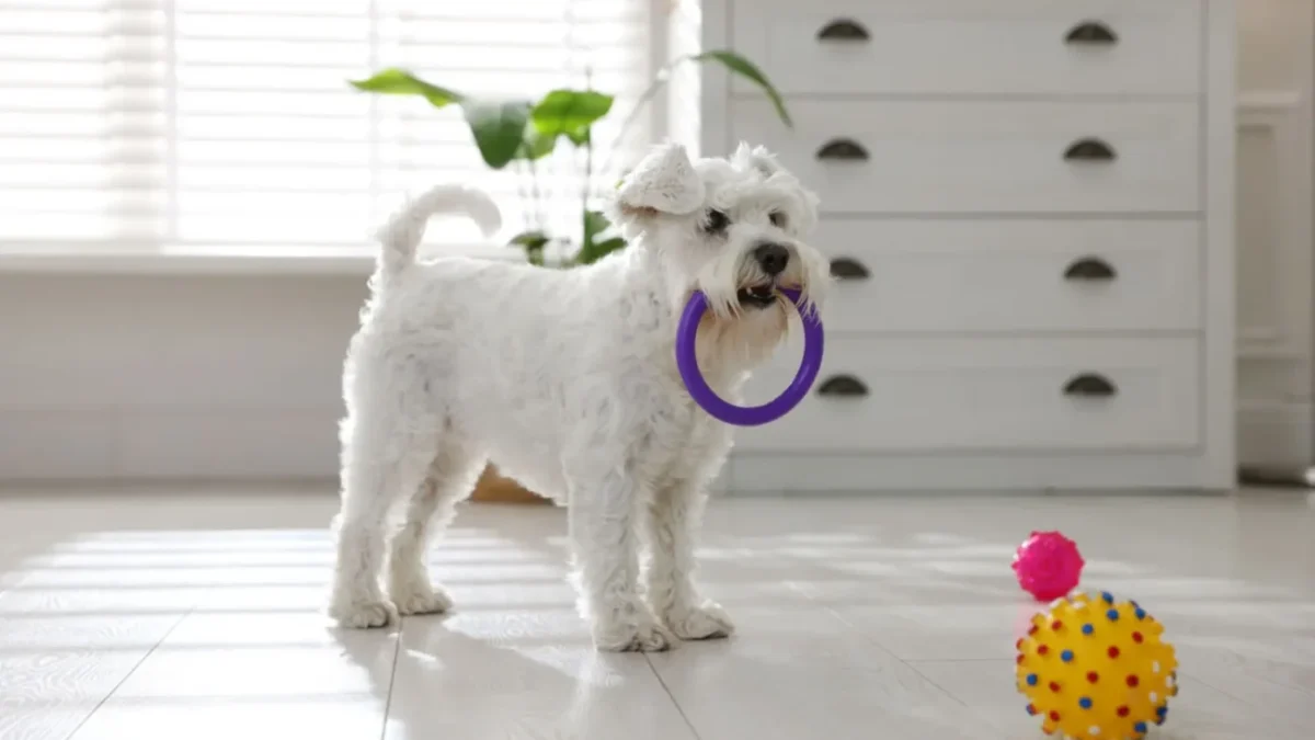 malý bílý pes si hraje s hračkami