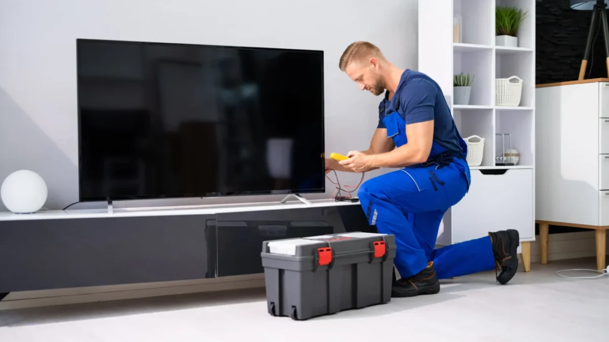 Technik klečí u televize.