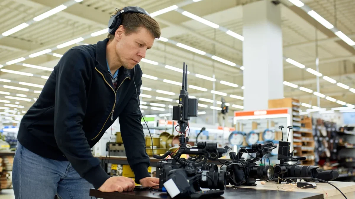 Muž si v obchodě vybírá elektroniku.