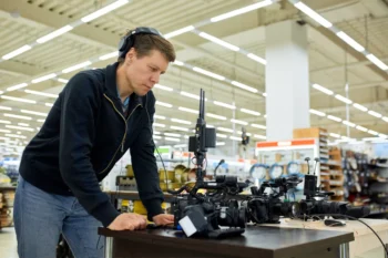 Muž si v obchodě vybírá elektroniku.